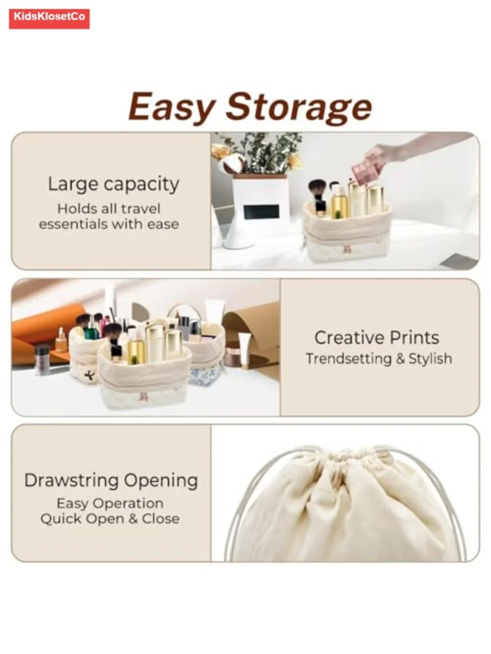 Quilted Cotton Drawstring Makeup Bag Travel Toiletry Organizer Cosmetic Pouch